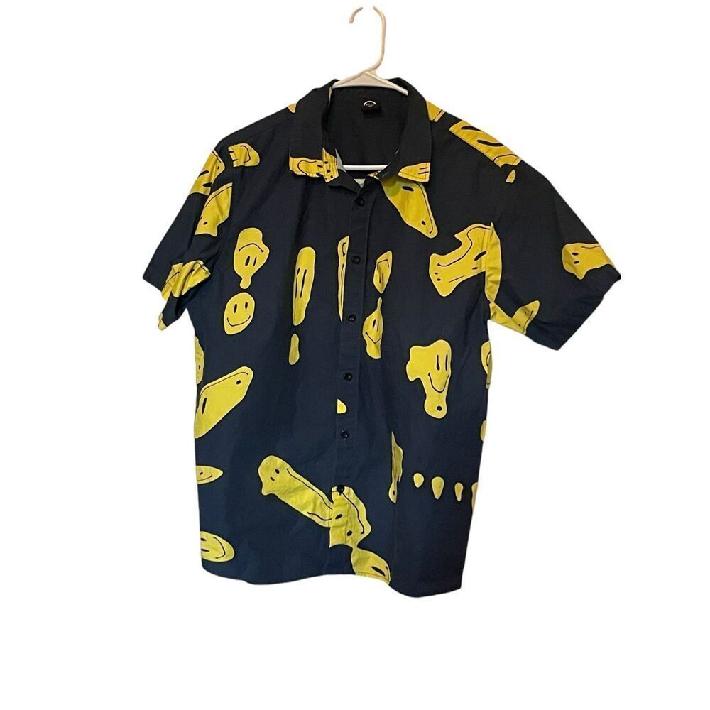 Neff Mens Black & Yellow Daily Smiley Faces Short Sleeve Button Down Shirt Large